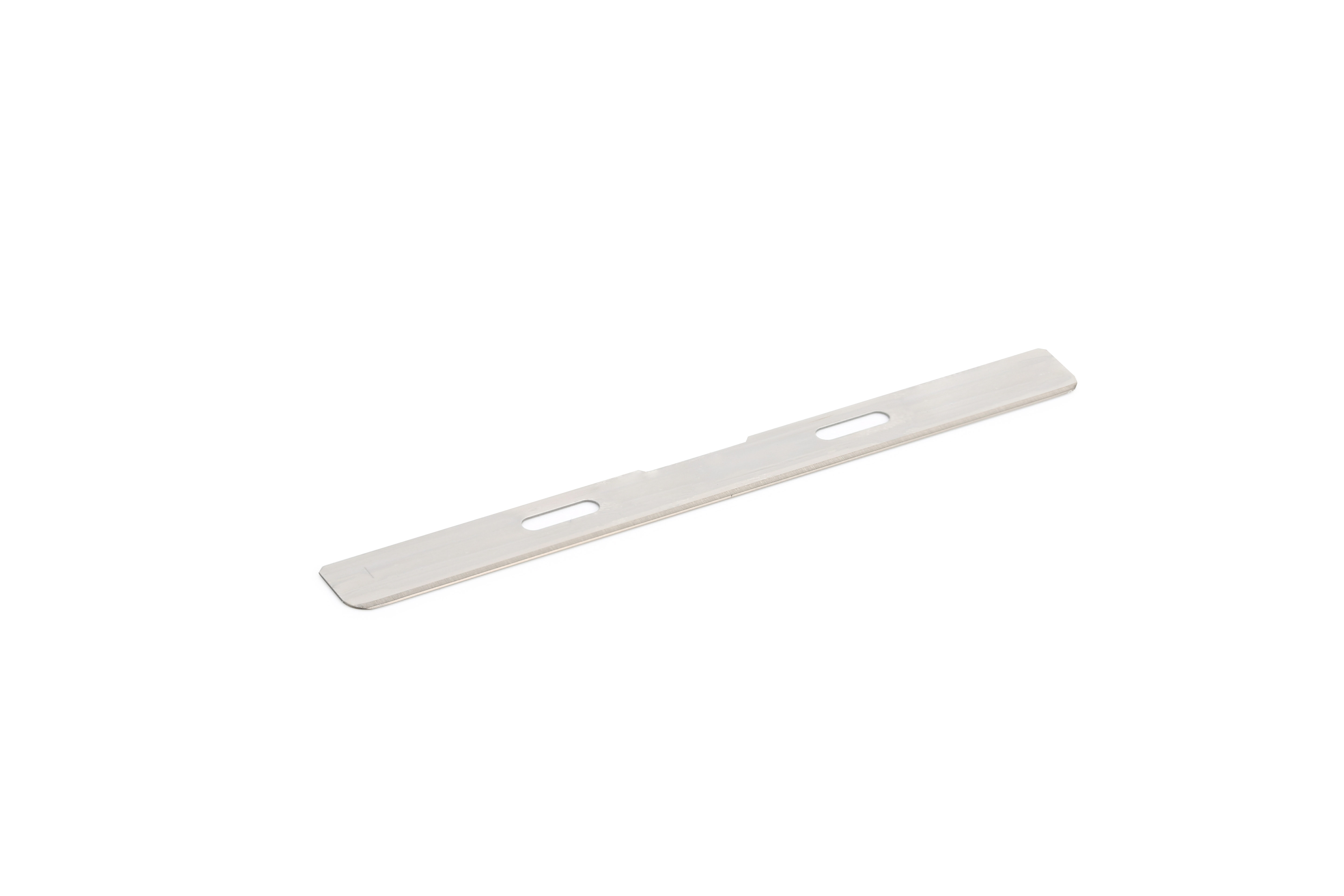 A flat, rectangular metal strip with two elongated holes in the center, isolated on a white background.