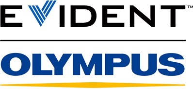EVIDENT and OLYMPUS logos are displayed, with "EVIDENT" in black above a line and "OLYMPUS" in blue and gold below.