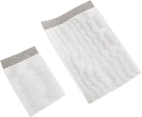 Two rectangular mesh produce bags with gray bands at the top, one smaller and one larger, are displayed on a white background.