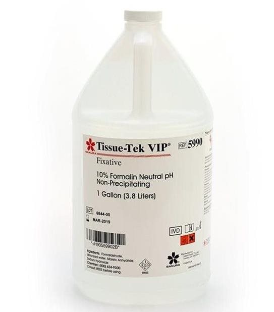 A 1-gallon (3.8L) container of Tissue-Tek VIP 10% formalin neutral pH fixative, labeled for laboratory use.