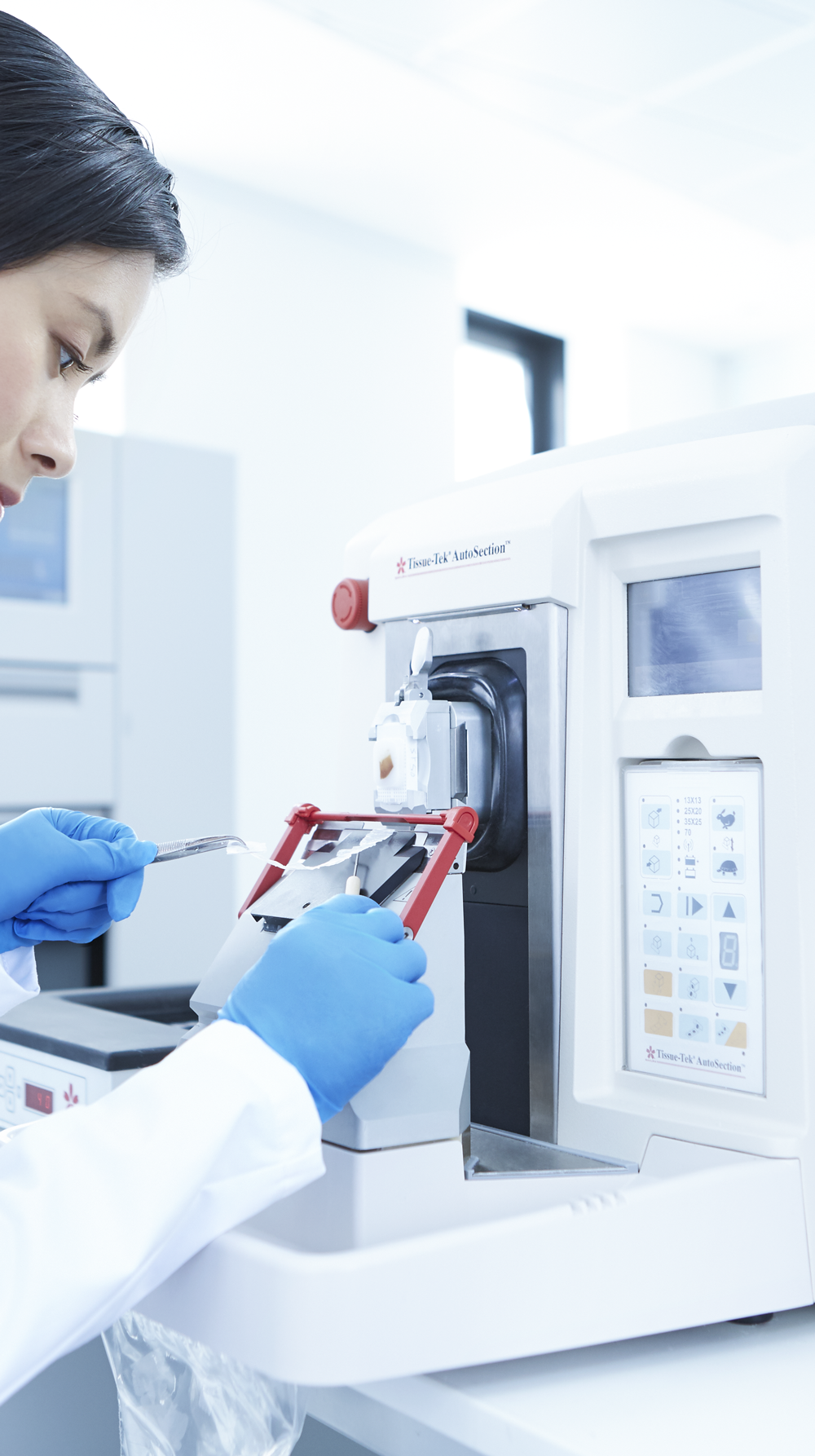 A person wearing blue gloves operates a laboratory microtome, preparing thin tissue sections for analysis in a clean, bright lab environment.