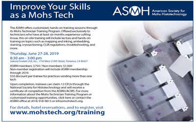 A flyer for the ASMH Mohs Technician Training Program, with event details, a gloved hand holding a lab slide, and registration information.