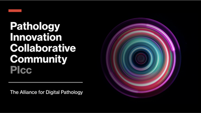 Dark background with text: "Pathology Innovation Collaborative Community (PIcc). The Alliance for Digital Pathology." Colorful circular pattern on the right.