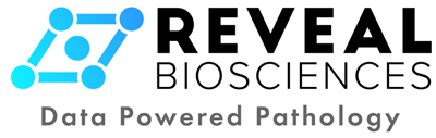 Reveal Biosciences logo with a blue geometric icon and the tagline "Data Powered Pathology" beneath the company name.