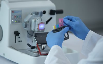 A person wearing blue gloves uses a microtome to prepare and label tissue samples on colored slides in a laboratory setting.