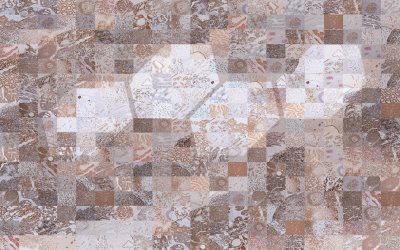 A mosaic of small, square tiles in various shades of beige, brown, and white, arranged in a grid pattern with abstract textures and designs on each tile.