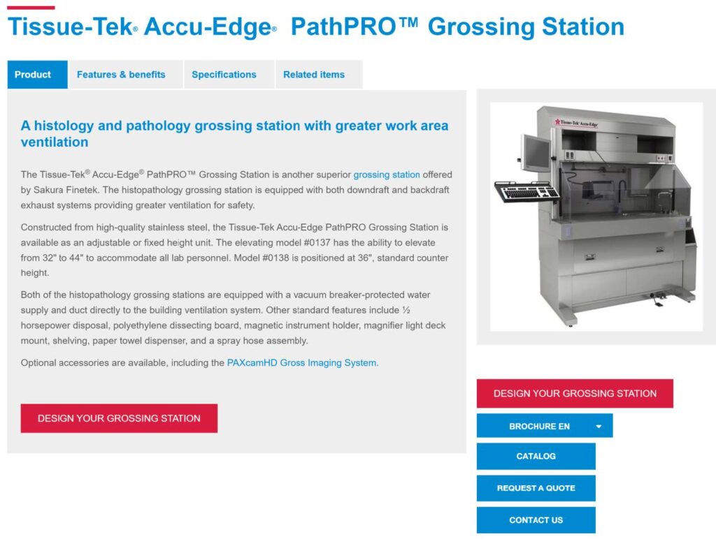 A website page displays the Tissue-Tek Accu-Edge PathPRO Grossing Station with a product image, description, and navigation buttons for customization, brochure, catalog, and contact.