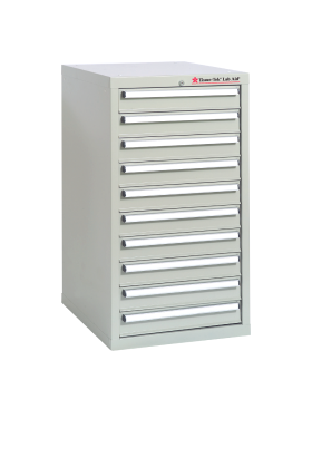A metal storage cabinet with ten horizontal drawers, each featuring a handle, set against a plain white background.