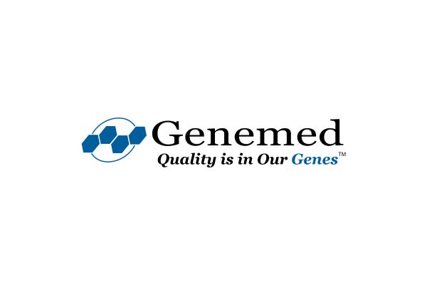 Genemed logo with blue hexagons graphic and the slogan 