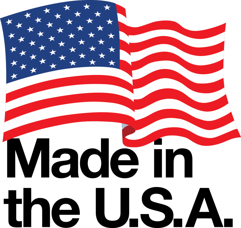 An illustrated American flag waves above bold black text that reads "Made in the U.S.A." on a light background.