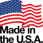 An illustrated American flag waves above bold black text that reads "Made in the U.S.A." on a light background.