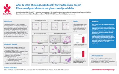 After 10 years of storage, significantly fewer artifacts are seen in Film-coverslipped slides versus glass coverslipped slides