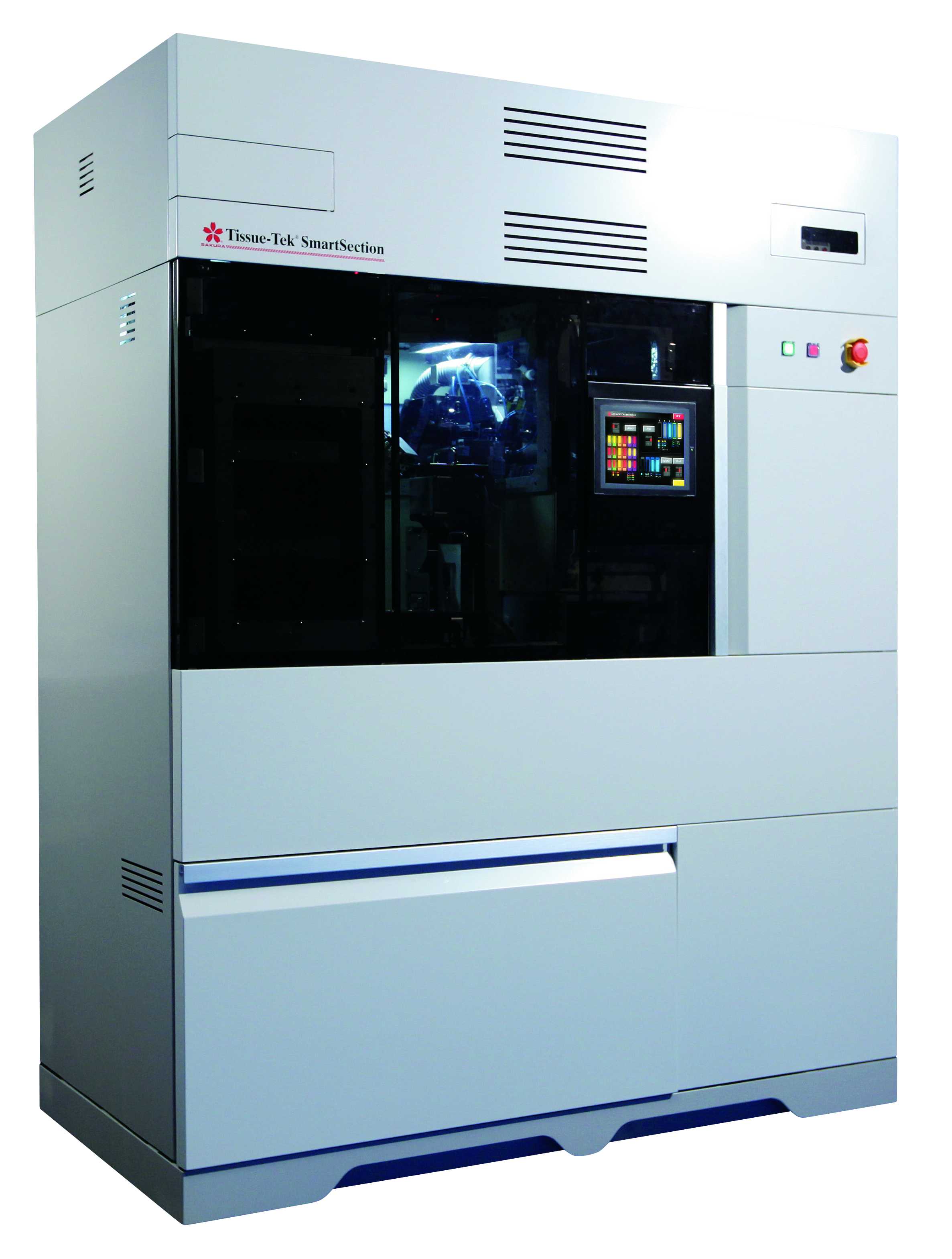 Large, white laboratory instrument with a black central panel, touchscreen display, labeled 
